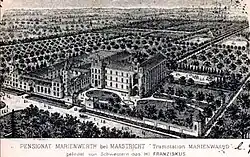 Pentekening van Pensionat Marienwerth in vogelvlucht, prentbriefkaart, ca. 1900