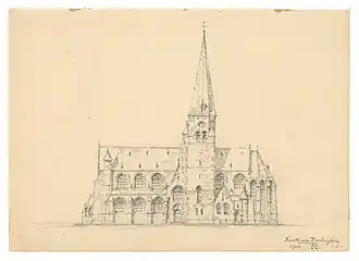 Tekening van de Onze-Lieve-Vrouwekerk door architect Edward Careels. Collectie VAi - Collectie Vlaamse Gemeenschap