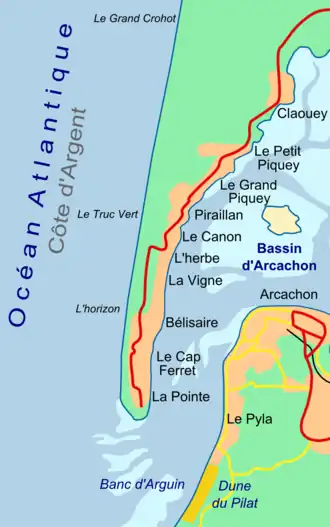 Kaart van het schiereiland met Cap Ferret