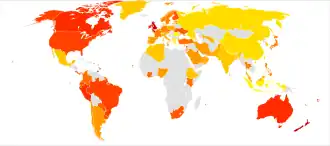 Een wereldkaart waarop Europa, Noord-Amerika, Australië en een groot deel van Zuid-Amerika rood zijn, Azië grotendeels geel en het grootste deel van Afrika grijs is