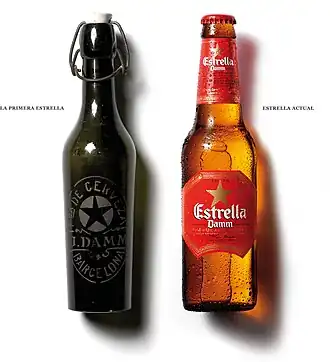 De eerste en de huidige fles van de lager van Damm