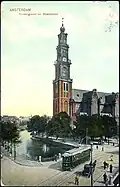 Prinsengracht en Westertoren te Amsterdam met de groene Kikker naar Zandvoort (voor 1914).