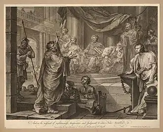 Representatie van Sint Paulus voor Felix, gouverneur van Caesarea: Paulus staat met opgeheven armen, Felix zit met zijn vrouw Drusilla en twee priesters op een verhoging in het midden, één zit ongemakkelijk met zijn kin in zijn hand, twee bedienden voor de bank waar Paulus staat; naar rechts, de redenaar Tertullus houdt een perkament vast en leunt op een lessenaar; een soldaat naar links en twee figuren met fascae aan weerszijden van de verhoging. Ets door William Hogarth, 1752.