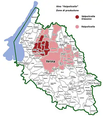 ligging van de Valpolicella en de Valpolicella Classico in de provincie Verona