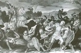 De gevangenname van Frederik "de Oettinger" in een propagandistische Württembergse voorstelling uit de 19e eeuw.