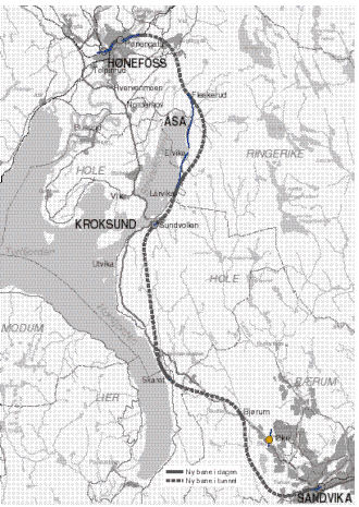 Spoorlijn Sandvika - Hønefoss op de kaart