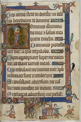 Psalm 27 met de initiaal 'D' (Dominus illuminatio mea et salus) in het Luttrell psalter