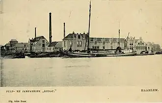 De Pulp- en Jamfabriek "Kenau" op de hoek van de Paul Krugerkade en de Spaarndamseweg. V.l.n.r. Union, Beschuitfabriek en de Jamfabriek