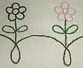 Een geborduurde bloementekening van kettingsteken op stramien