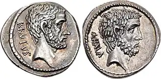 Denarius van Marcus Junius Brutus, met op de achterkant (rechts) een afbeelding van zijn voorvader Gaius Servilius Ahala