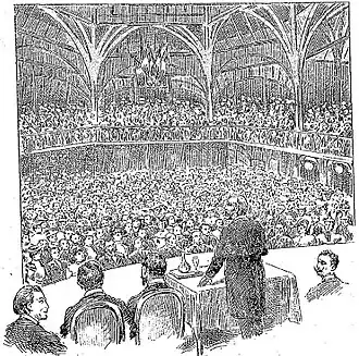 private vergadering van het ALP op 21 juni 1903 in de salle Humbert de Romans georganiseerd door de Ligue patriotique des Françaises. Naast Jacques Piou, die de vergadering voorzat herkent men ook François Coppée en Joseph Lasies.