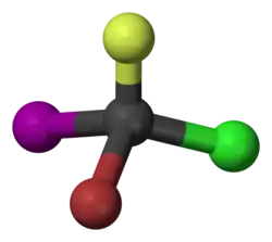 Molecuulmodel van broomchloorfluorjoodmethaan
