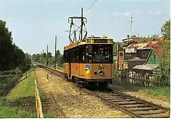 Rotterdamse motorwagen 507 op de Museumtramlijn bij de Kalfjeslaan; 27 mei 1981.
