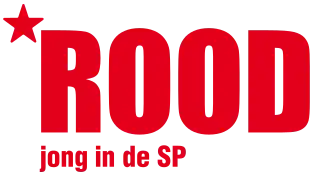 Op een witte achtergrond staat het woord "ROOD" in rood en in hoofdletters. In de linkerbovenhoek staat een rode ster en onderaan staat, tevens in het rood, de bijtitel "jong in de SP".