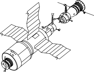 Lijntekening van Saljoet 4 en een naderend Sojoez-ruimteschip