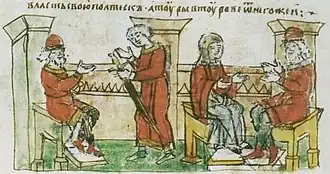 Links: bodes van Vladimir spreken met Rogvolod. Rechts: Rogvolod praat met Rogned', die het huwelijksaanzoek van Vladimir weigert. Illustratie in de Radziwiłłkroniek (15e eeuw).