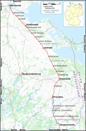 Trajectkaart spoorlijn Angermünde - Stralsund