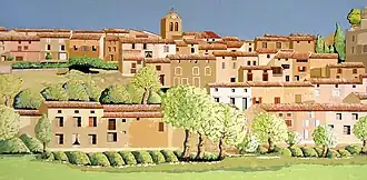 Zicht op het dorp als fresco op muur voormalige school