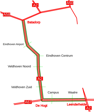 Schematische weergave. Parallelbaan &nbsp; met aansluitingen in het groen.