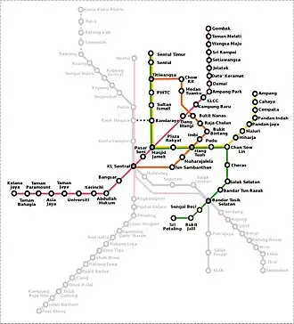 Metrokaart van Kuala Lumpur (overige spoorlijnen licht weergegeven)