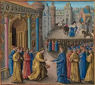 Raymond van Poitiers (de buigende man) ontvangt koning Lodewijk VII van Frankrijk in Antiochië.