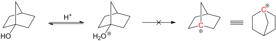 Illustratie van de regel van Bredt via carbokationvorming