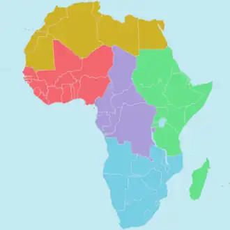 De vijf regio's van de Afrikaanse Unie.