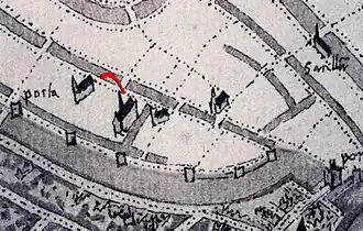 Op de kloosterkaart van Jacob van Deventer uit omstreeks 1559 staat het Regulierenklooster (bij de pijl) ingetekend