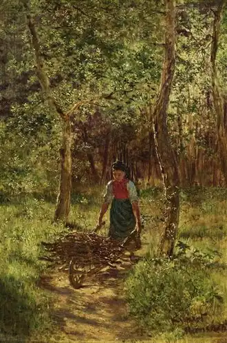 Kreupelhout verzamelaar in Zomer Woud door Gustav Kispert