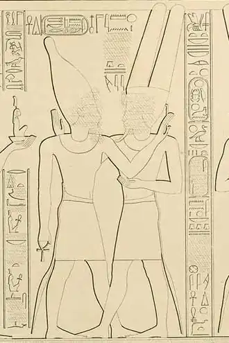 Reliëf met voorstelling van Takelot (l.) en Amon-Ra Karnak, tekening van Karl Richard Lepsius