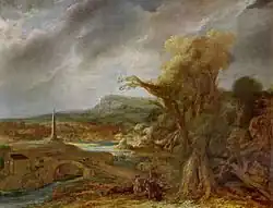 Govert Flinck, tot voor kort toegeschreven aan Rembrandt: Landschap met obelisk (1638). In 1990 gestolen uit het Isabella Stewart Gardner Museum.