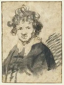 Zelfportret, pen in bruine inkt, penseel in grijs op papier, 1628-1629, Rijksmuseum Amsterdam