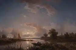 Vissers in een roeiboot bij maanlicht, olieverf op doek, 1853