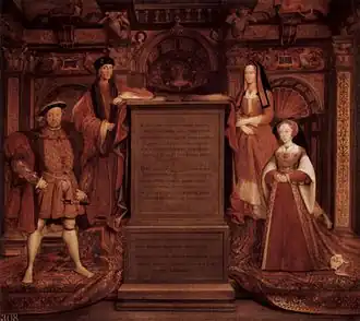 Hendrik de Achtste (links), met zijn ouders (boven) en Jane Seymour met Tudorkap (rechts)