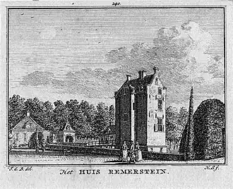 Kasteel Remmerstein rond 1745 gravure van H. Spilman naar tekening van J. de Beijer