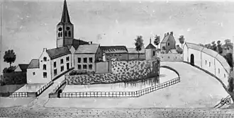 Zicht op Heerlen in de 19e eeuw, met de restanten van het Landsfort.