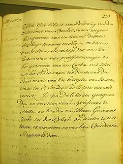 Pagina uit het Resolutieboek (Bossche Schepenboek) van 13 mei 1762. Hierin wordt melding gemaakt van de bestelling van de stempels voor een Bossche stadhuispenning bij Theodoor Victor van Berckel.