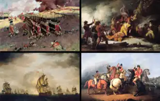 Met de klok mee vanaf de linkerbovenhoek: Slag om Bunker Hill, Dood van Richard Montgomery bij de Slag om Quebec, Slag bij Cowpens, Zeeslag bij Kaap Sint-Vincent