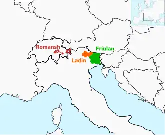 Reto-Romaanse talen, met het Friulisch in het groen