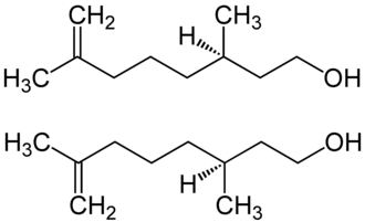 (R)-(+)-rhodinol (boven); (S)-(-)-rhodinol (onder)