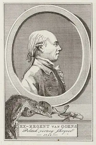 Spotprent op Van Goens (1782) met wolfsvel, maskers, adder en weegschaal