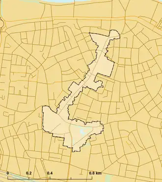 Het gebied van het beschermd stadsgezicht; het Wilhelminapark is de driehoek aan de zuidkant