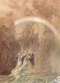 Illustratie bij Das Rheingold van Richard Wagner, de Rijndochters zingen een klaaglied voor het Rijngoud, de regenboog naar Walhalla is te zien, Arthur Rackham.