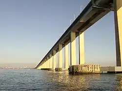 De brug met de weerkaatsing van het licht van een laagstaande zon