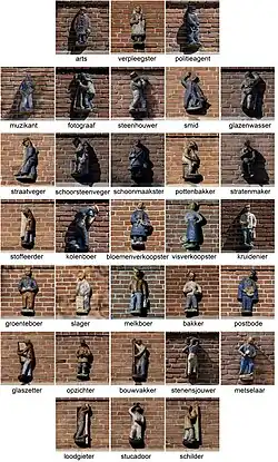 31 wandsculpturen met voorstellingen van beroepen in de Groningse Rivierenbuurt (1954)