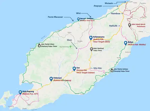 Kaart met hoofdwegen op West-Timor.