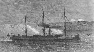 De Rolf Krake beschiet de Pruisische stellingen bij Dybbøl, april 1864 (illustratie in een Britse krant, 28 april 1864)