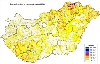 Verspreiding van de Roma in Hongarije per gemeente, census 2001