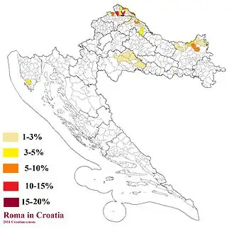 Verspreiding van de Roma in Kroatië op gemeentelijk niveau (2011 census)
