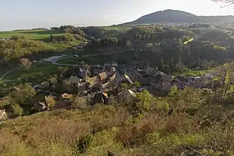 Overzicht van Romainmôtier met Envy in de achtergrond